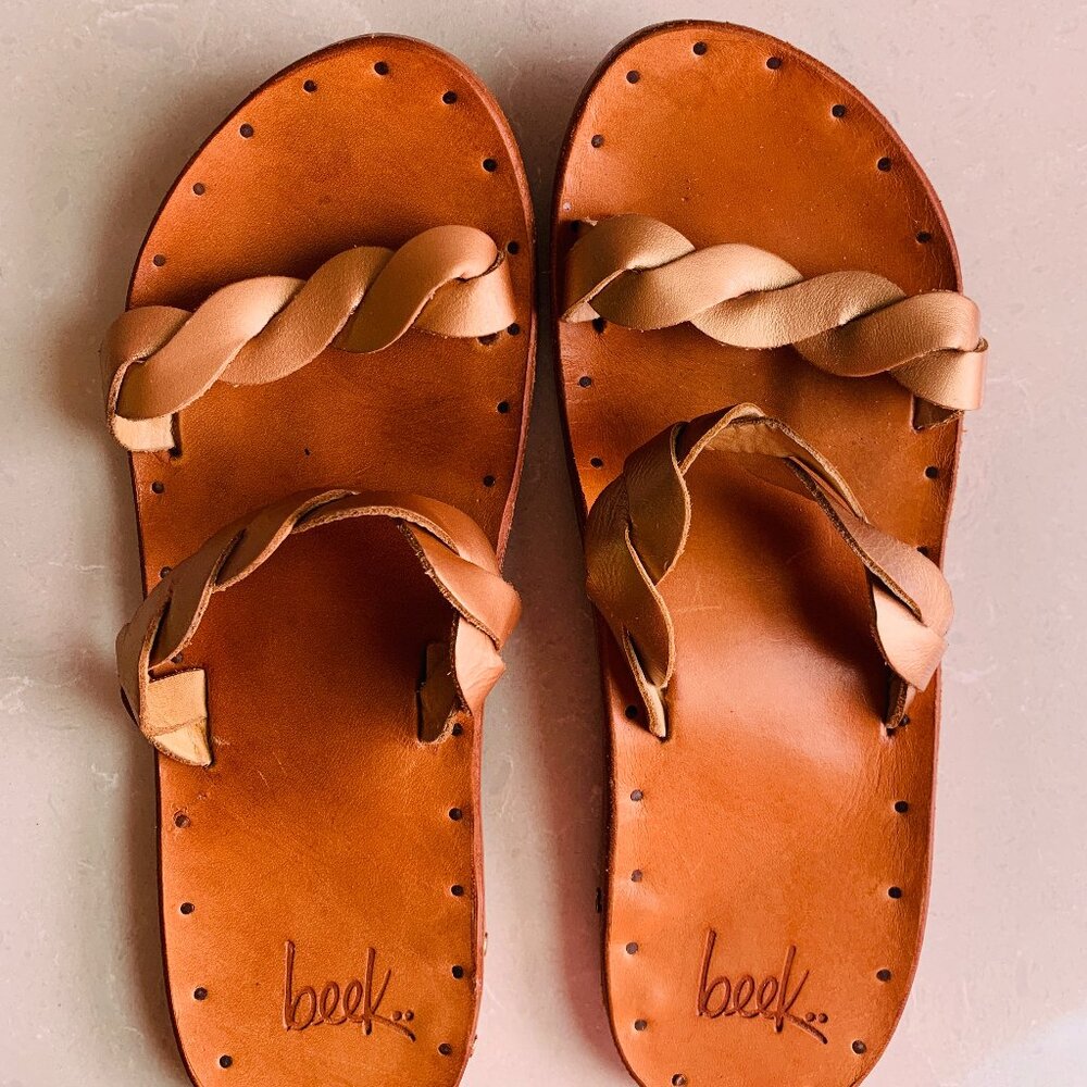 beek Tan Braided Leather Slide Sandals